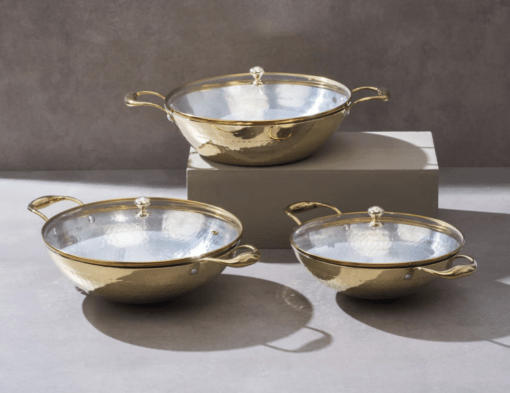 Set of 3 Brass Kadhais with Glass Lid (1.5L round base, 3L round base, 3L flat base)